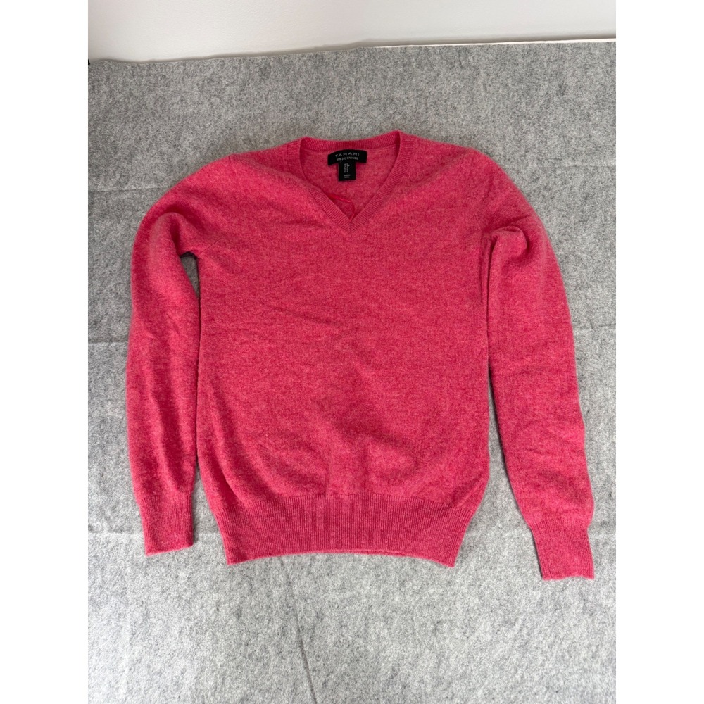 Tahari Sweater Womens S Pink 100% Cashmere V-Neck Long Sleeve Classic Minimalist